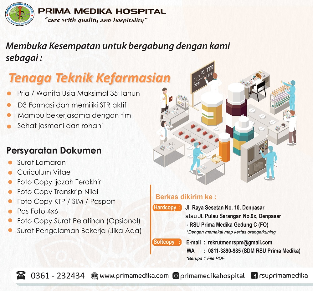 Prima Medika Hospital membuka kesempatan untuk bergabung sebagai :  TENAGA TEKNIK KEFARMASIAN