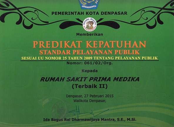 Piagam Terbaik II Kepatuhan Standard Pelayanan  Publik 2015
